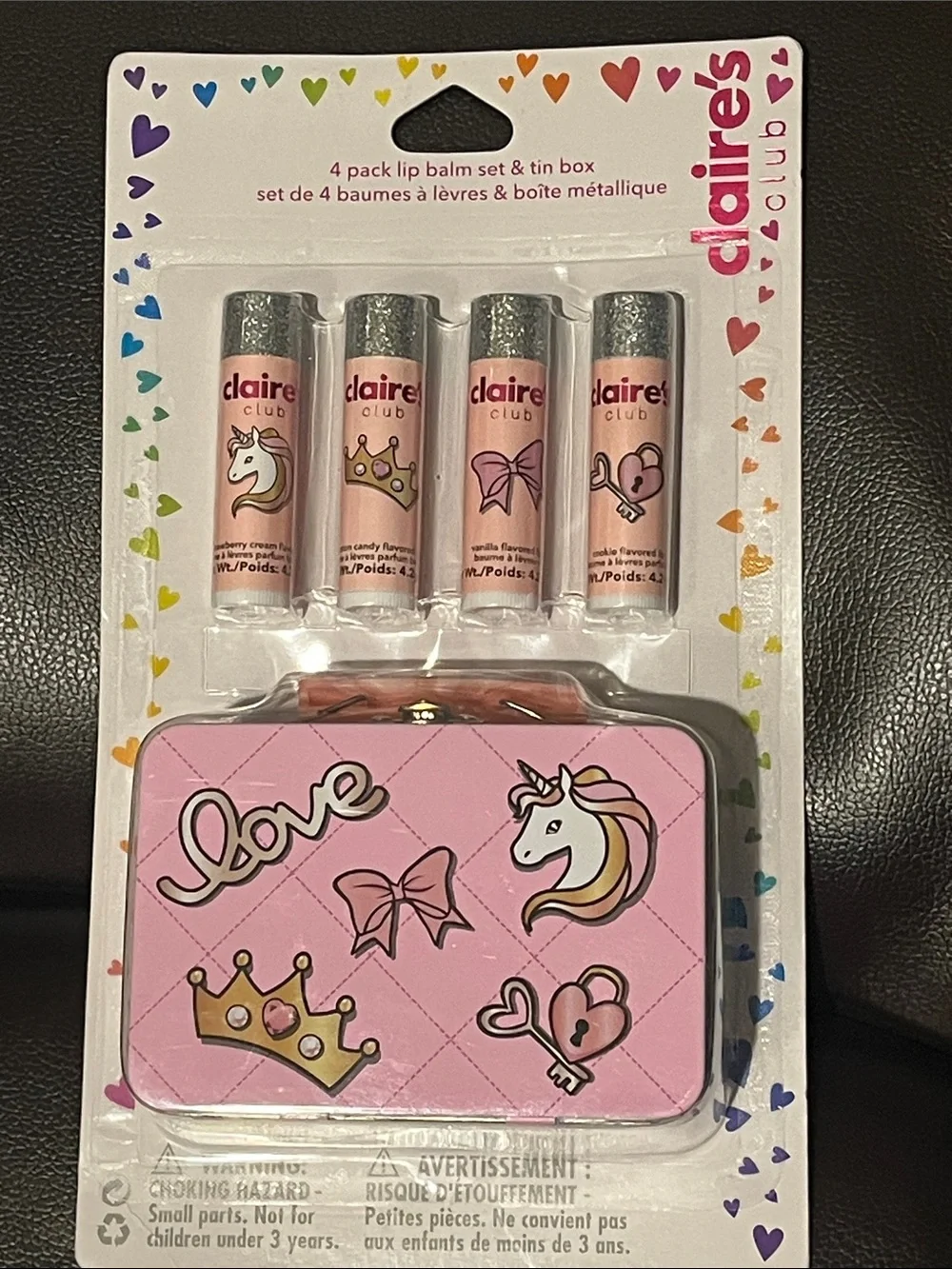 Claire’s Club 4 Flavored Lip Balm Set with Pink Keepsake Tin | NWT